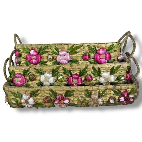 Vintage Nesting Straw Casserole Dish Pyrex Carriers 3 Graduated Sizes 1960’s - Picture 2 of 16